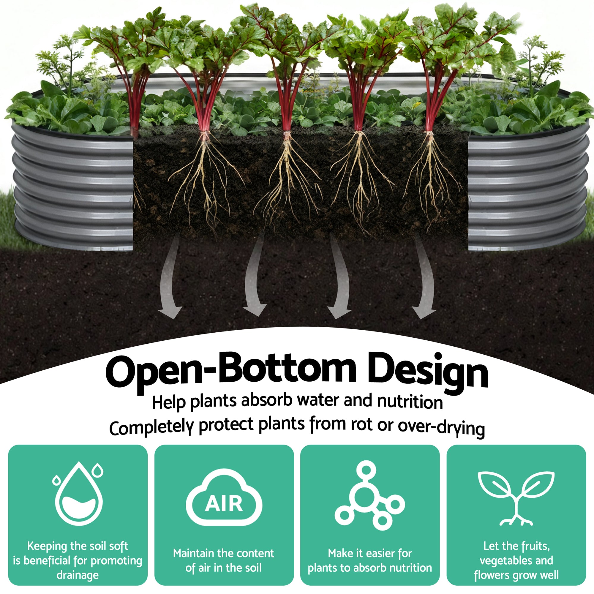 Green Fingers 4 Pcs Raised Garden Bed Kit Oval Galvanized Steel Planter Boxes 160x80x42cm, Heavy Duty Metal Elevated Garden Bed for Vegetables Flowers Herbs, with Safety Edging, Gloves & Pegs Included