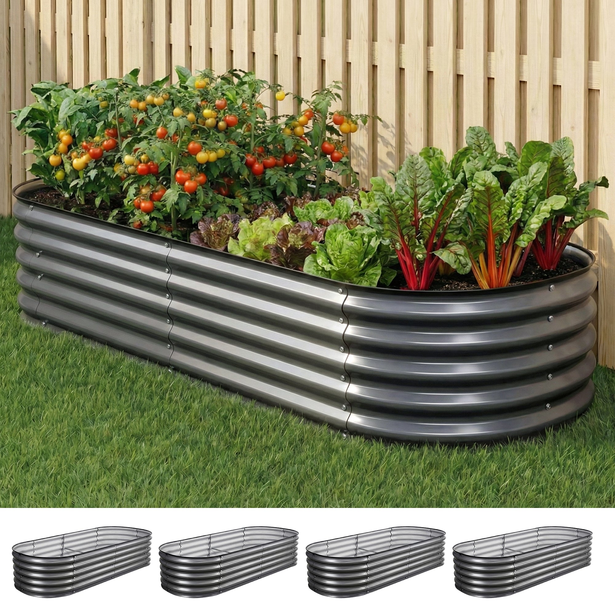 Green Fingers 4 Pcs Raised Garden Bed Kit Oval Galvanized Steel Planter Boxes 160x80x42cm, Heavy Duty Metal Elevated Garden Bed for Vegetables Flowers Herbs, with Safety Edging, Gloves & Pegs Included Main image