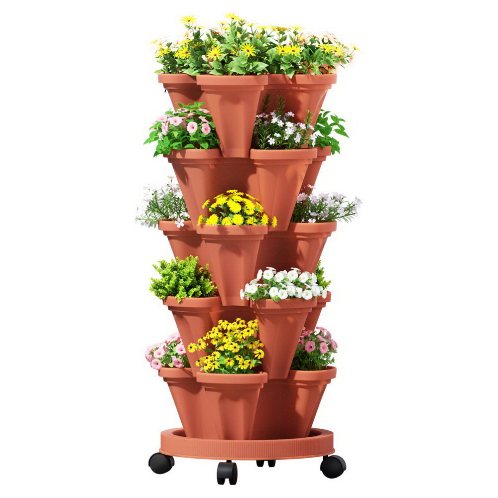 Green Fingers Raised Garden Bed 5 Tier Vertical Garden Brick Red Strawberry Stackable Planters Herbs Petunias Main image
