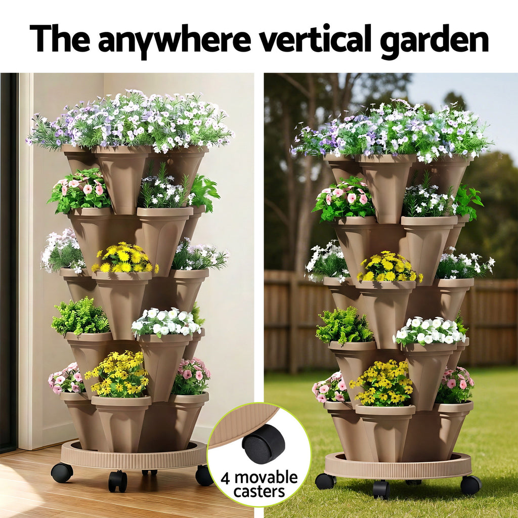 Green Fingers Garden Bed 5 Tier Vertical Garden Grey Strawberry Stackable Planters Herb Petunias Tan
