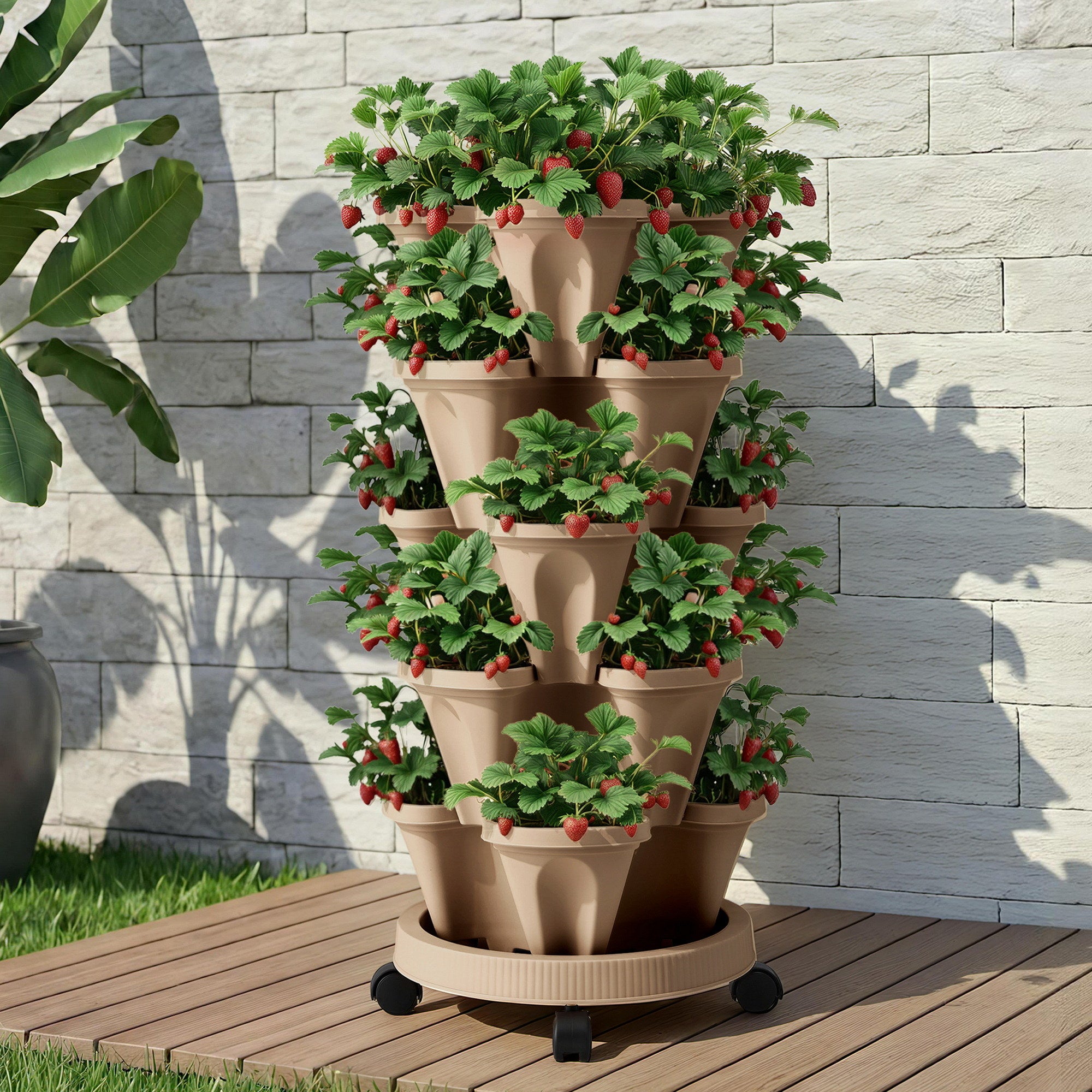 Green Fingers Garden Bed 5 Tier Vertical Garden Grey Strawberry Stackable Planters Herb Petunias Tan Main image