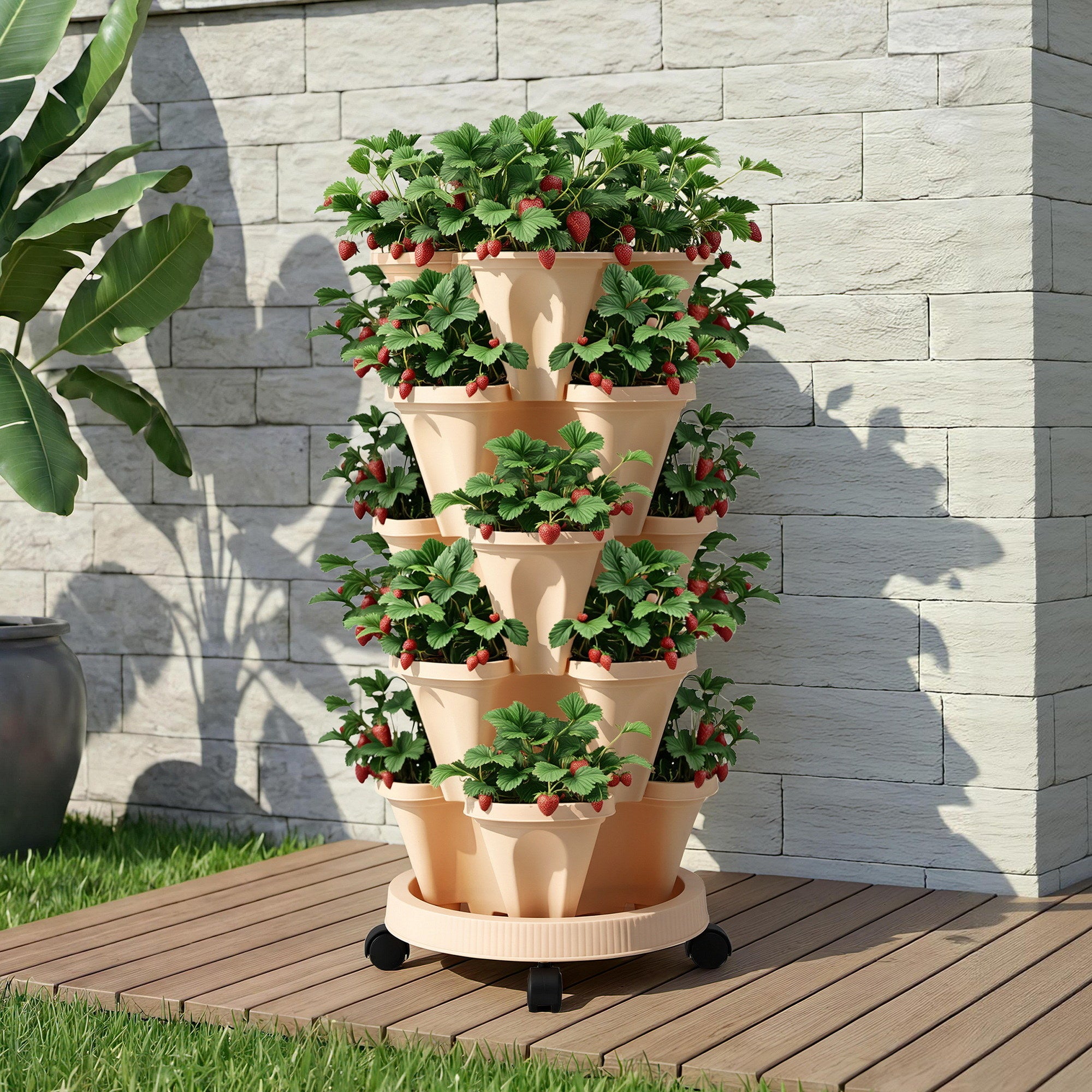 Green Fingers Garden Bed 5 Tier Vertical Garden Grey Strawberry Stackable Planters Herbs Beige Main image