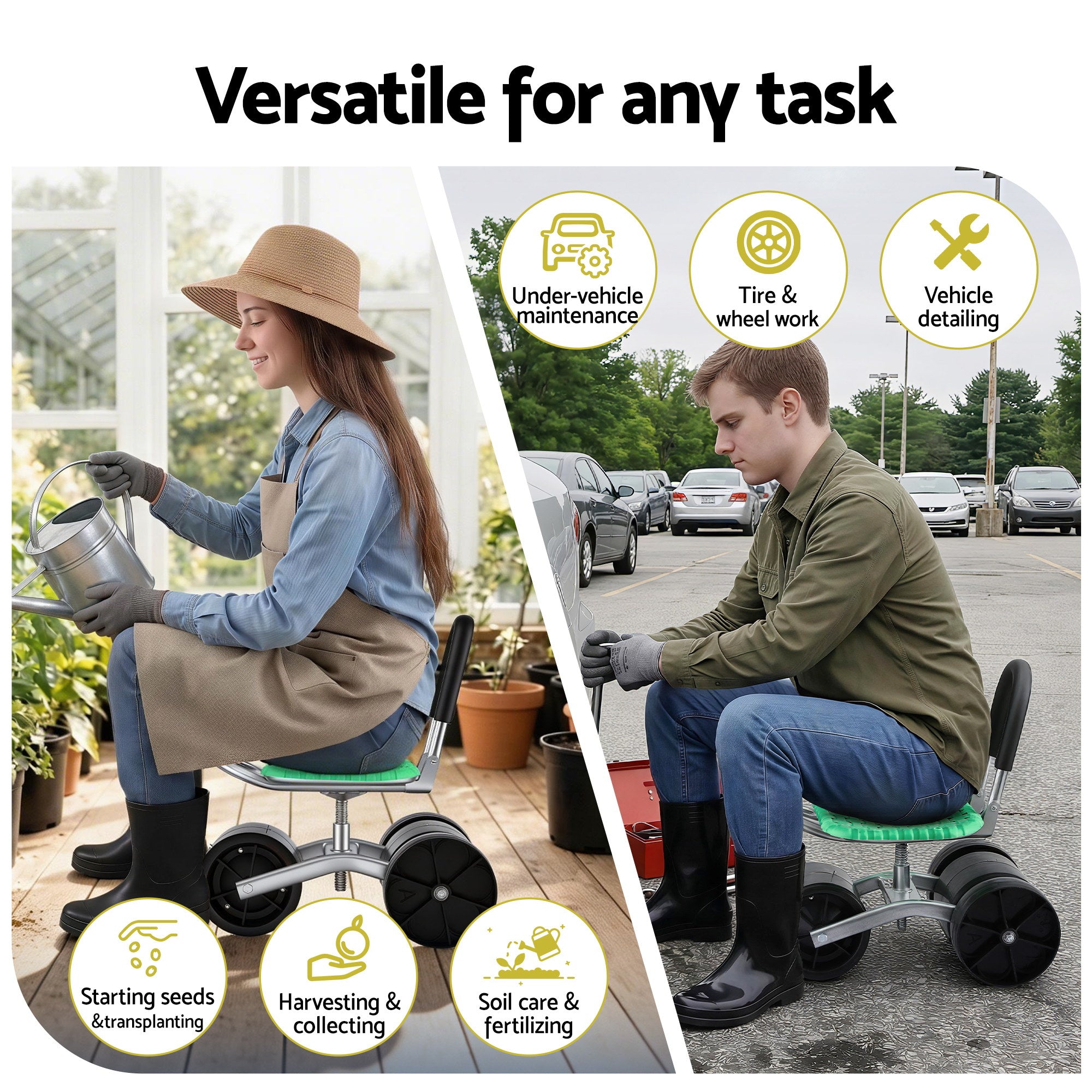 Gardeon Gardening Cart with 360° Swivel Seat | Rolling Work Seat with Adjustable Height & All-Terrain Wheels | 130KG Capacity Heavy Duty Garden Scooter for Back Pain Relief & Vehicle Detailing | Foldable Backrest & Ventilated Seat, Green