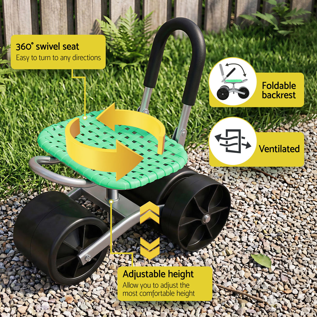Gardeon Gardening Cart with 360° Swivel Seat | Rolling Work Seat with Adjustable Height & All-Terrain Wheels | 130KG Capacity Heavy Duty Garden Scooter for Back Pain Relief & Vehicle Detailing | Foldable Backrest & Ventilated Seat, Green