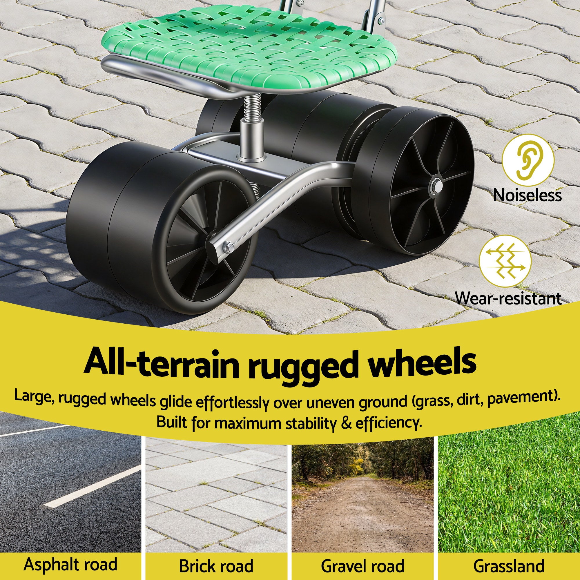 Gardeon Gardening Cart with 360° Swivel Seat | Rolling Work Seat with Adjustable Height & All-Terrain Wheels | 130KG Capacity Heavy Duty Garden Scooter for Back Pain Relief & Vehicle Detailing | Foldable Backrest & Ventilated Seat, Green