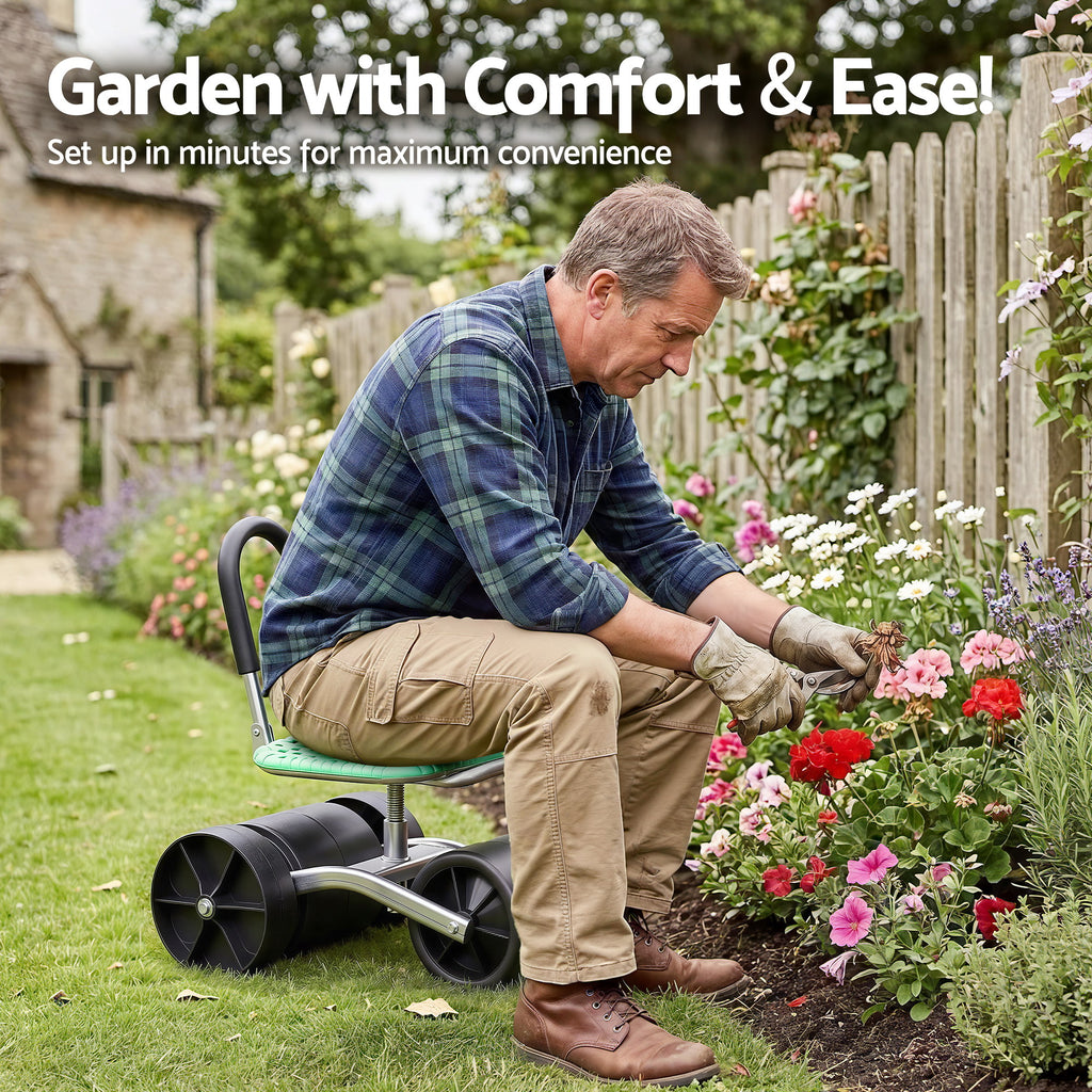 Gardeon Gardening Cart with 360° Swivel Seat | Rolling Work Seat with Adjustable Height & All-Terrain Wheels | 130KG Capacity Heavy Duty Garden Scooter for Back Pain Relief & Vehicle Detailing | Foldable Backrest & Ventilated Seat, Green