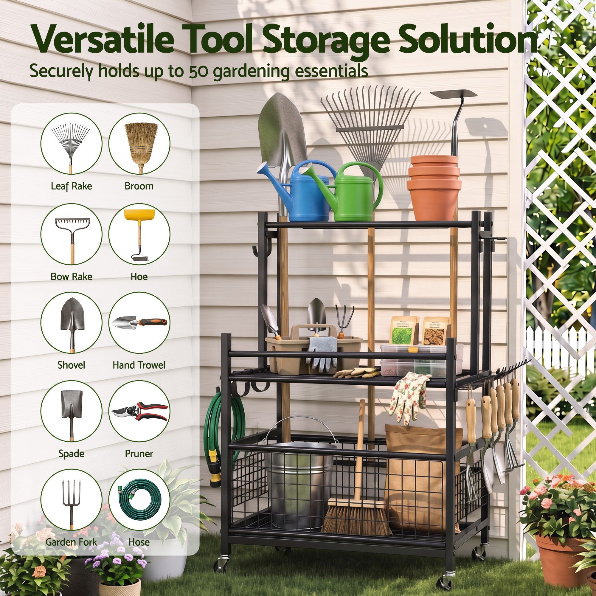 Gardeon Garden Tool Organizer Rack 16 Slots Rolling Garage Storage with Hooks Main image
