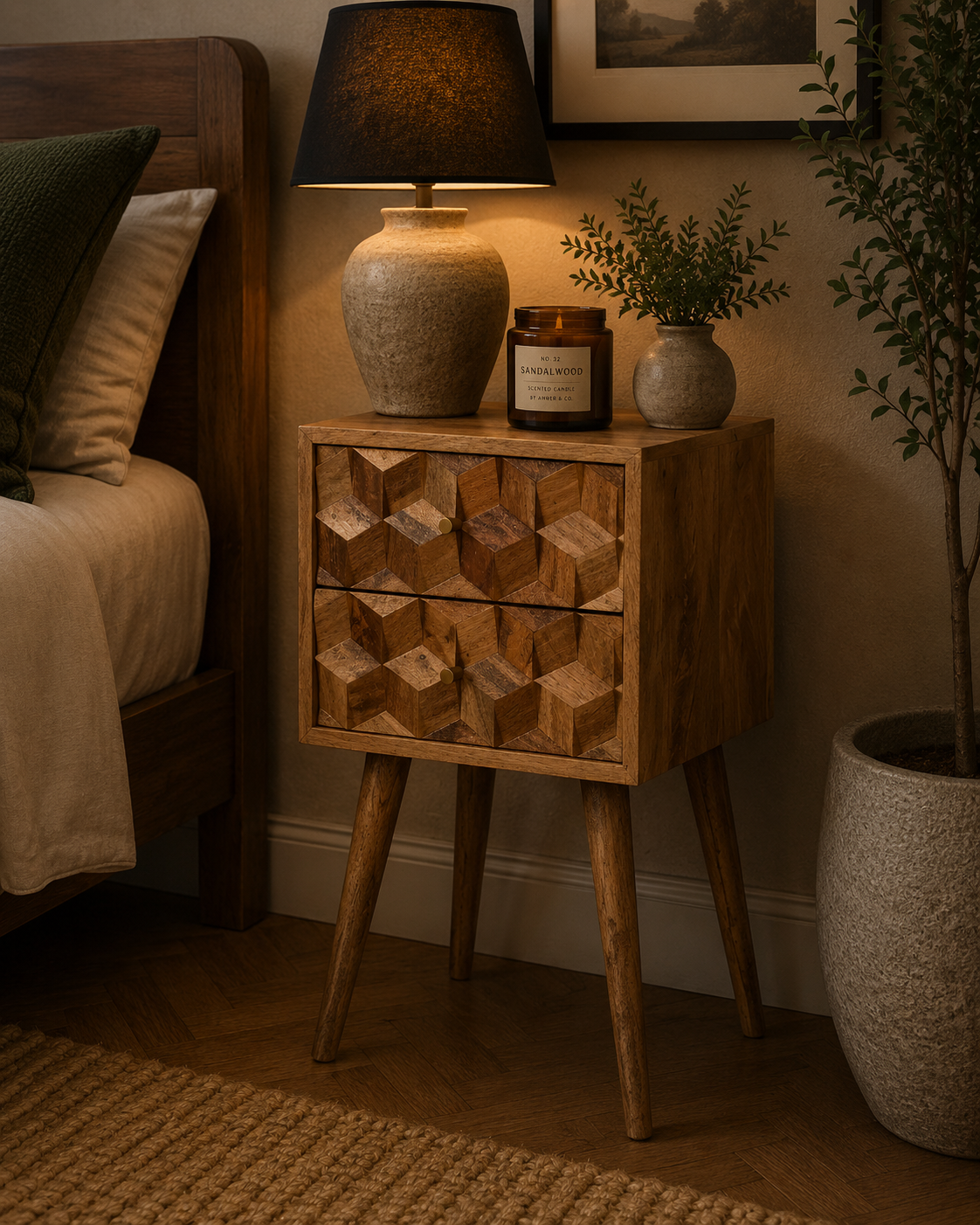 Mini Cube Carved 2 Drawer Bedside
