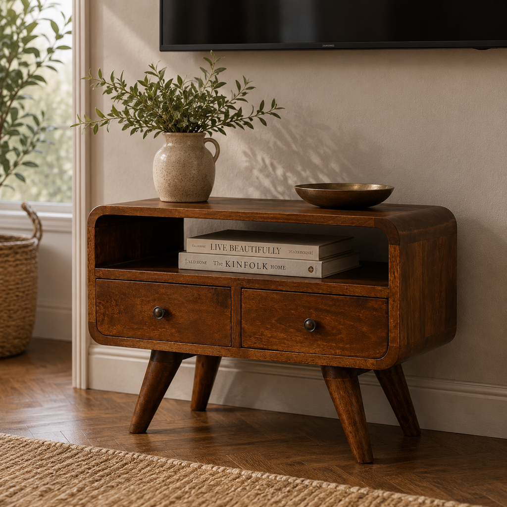 Mini Chestnut Curved Media Unit with 2 Drawers