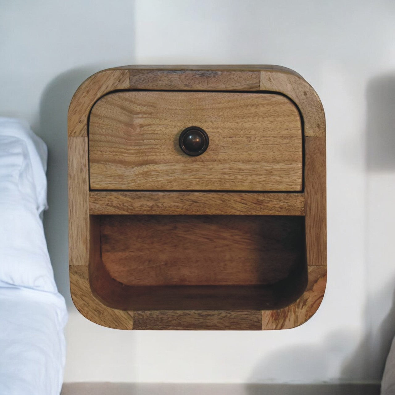 Extra Mini Curved Oak-ish Bedside with Open Slot