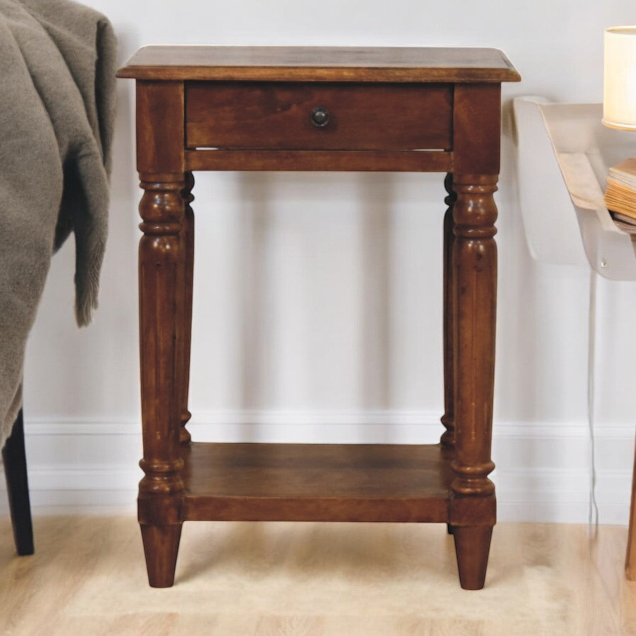 Turned legs Chestnut 1 Drawer Side Table