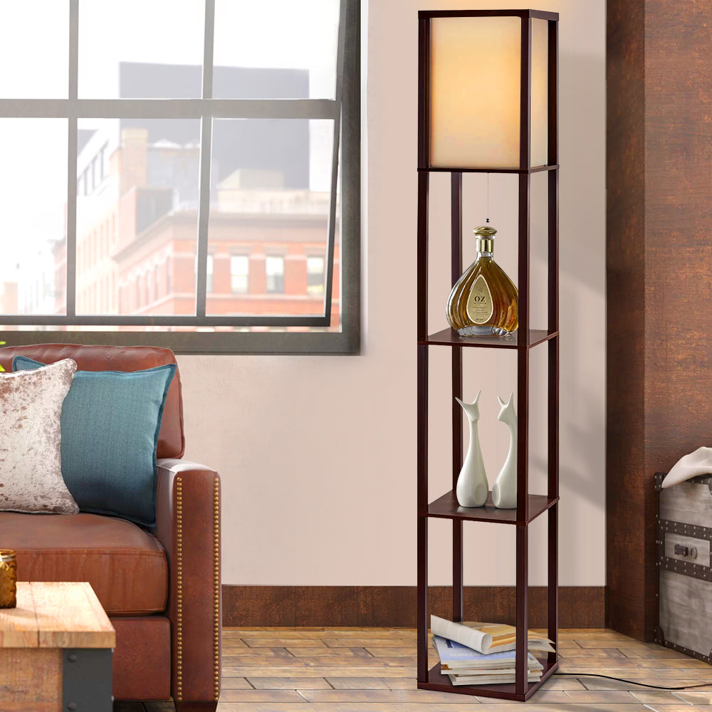 Artiss Floor Lamp 3 Tier Shelf Storage LED Light Stand Home Room Vintage Brown Main image