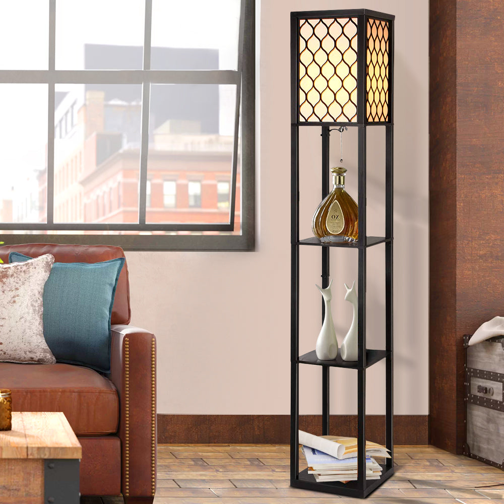 Artiss Floor Lamp 3 Tier Shelf Storage LED Light Stand Home Room Pattern Black Main image