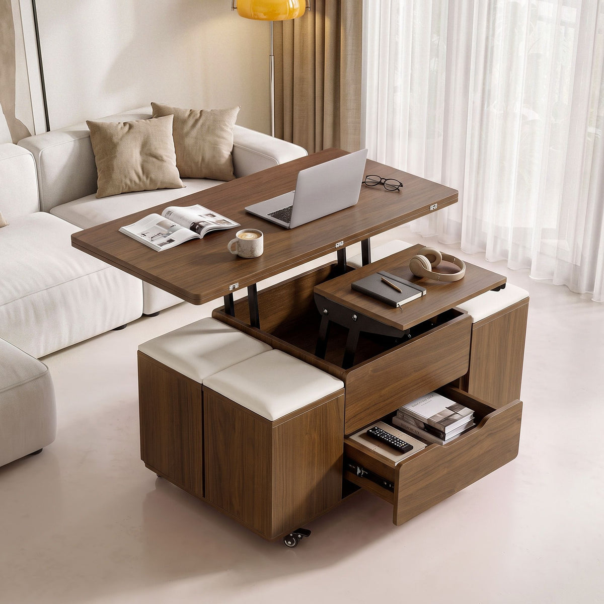 Fittro 3-in-1 Lift Top Coffee Table with 4 Chairs, Dining Table Work Desk Built-in Storage, Hydraulic Swivel, Lockable Castors, Space-Saving for Living Rooms & Flats, Apartments Main image
