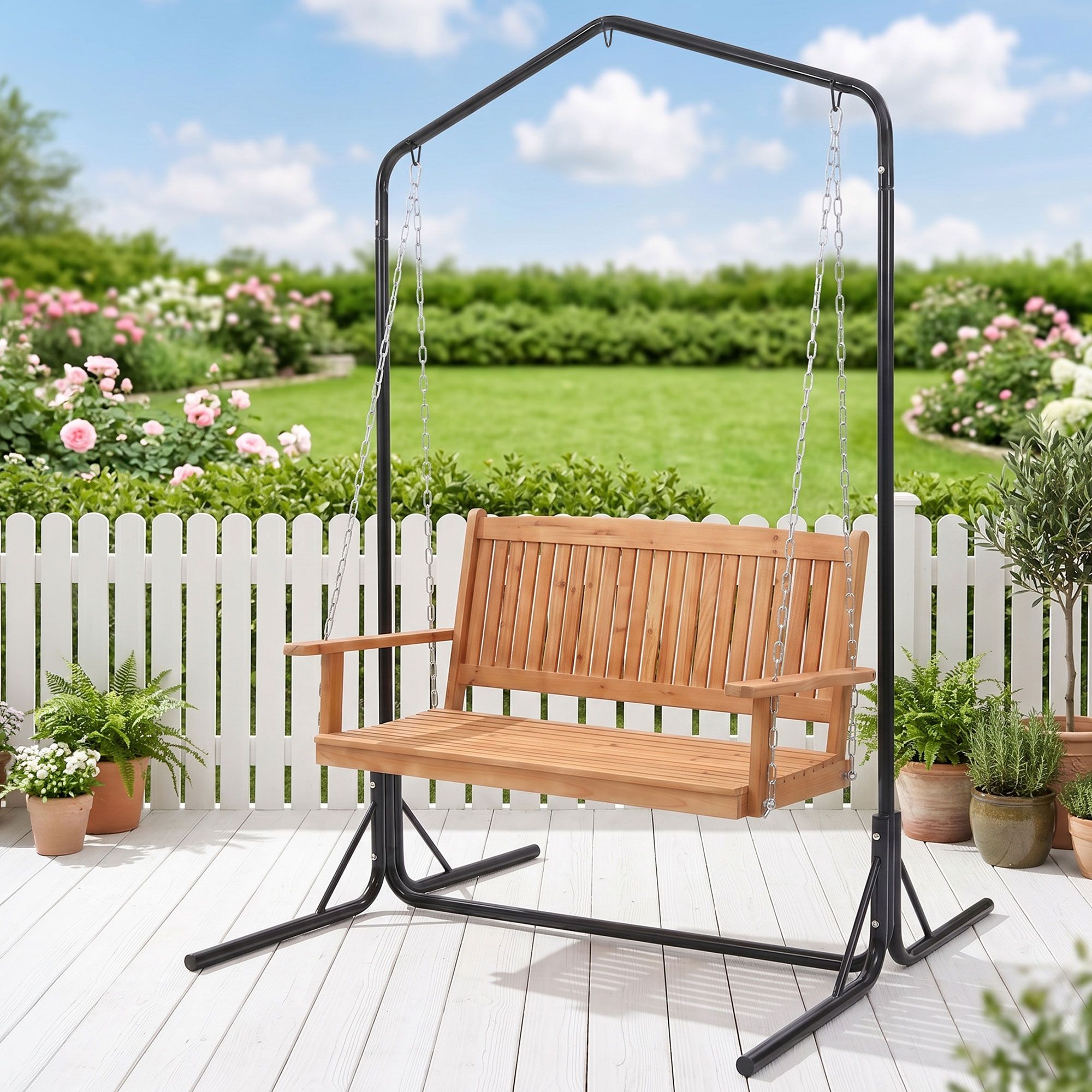 Gardeon Wooden 2-Seater Outdoor Swing Chair with Black Stand Hanging Chair Patio Furniture Main image