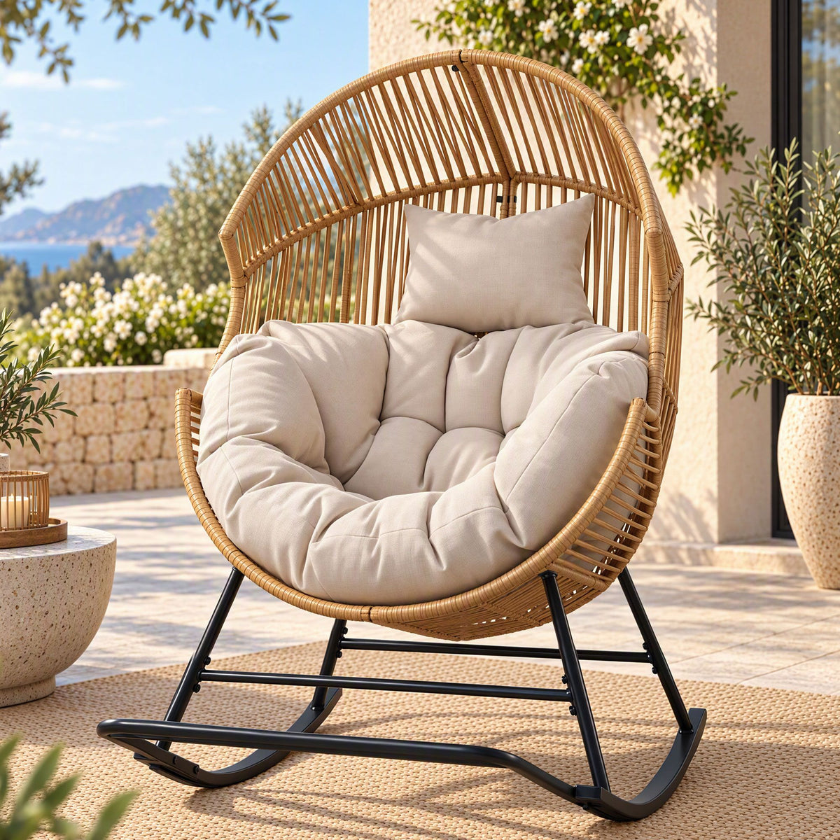 Gardeon Outdoor Egg Rocking Chair Rattan Lounger with Thick Cushion Patio Furniture Natural Main image