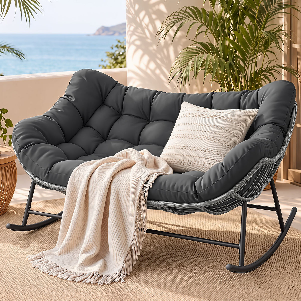 Gardeon Outdoor Rocking Chair Loveseat Wicker 2 Seater Cushion Patio Furniture Grey Main image
