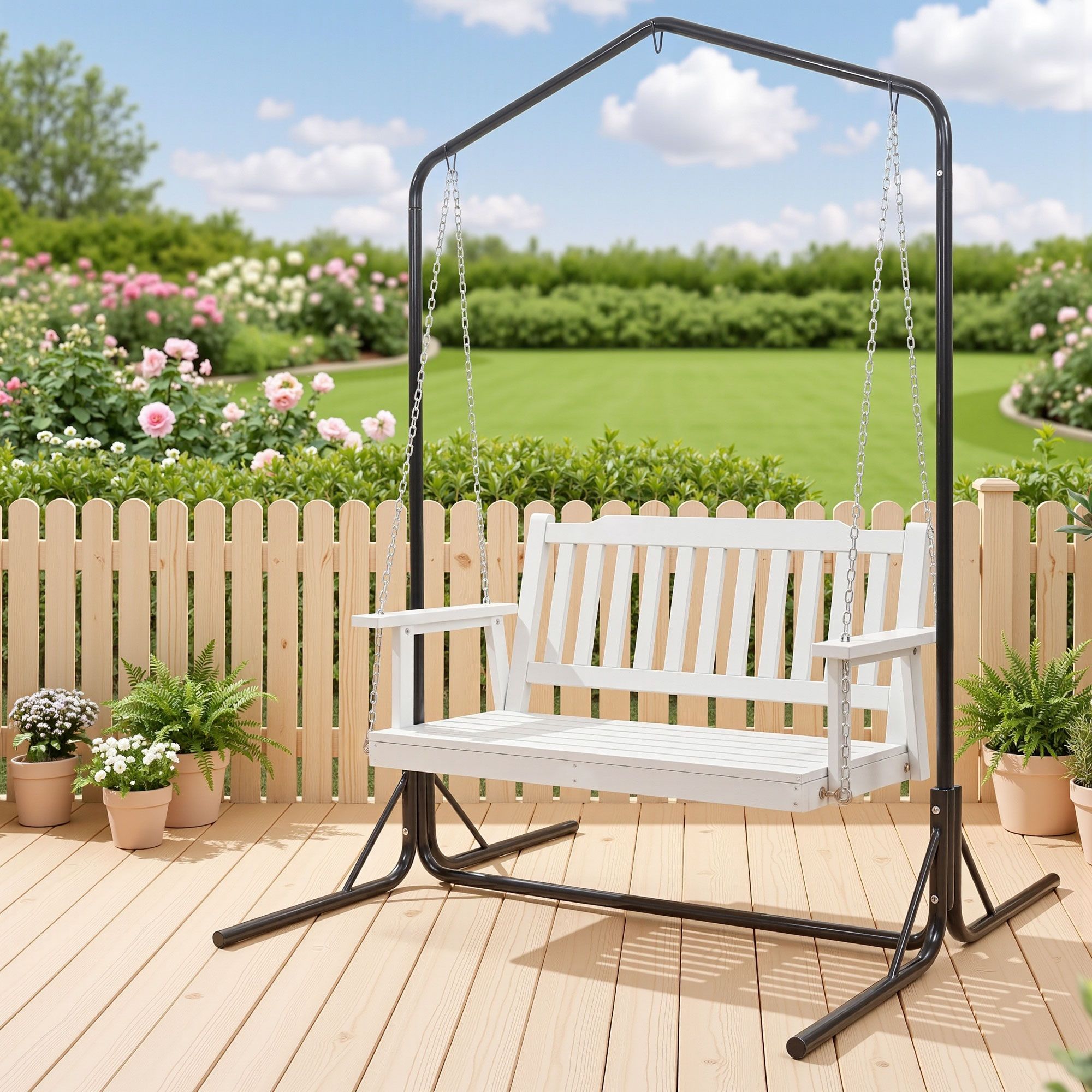 Gardeon Wooden 2-Seater Outdoor Swing Chair with Black Stand White Hanging Chair Main image