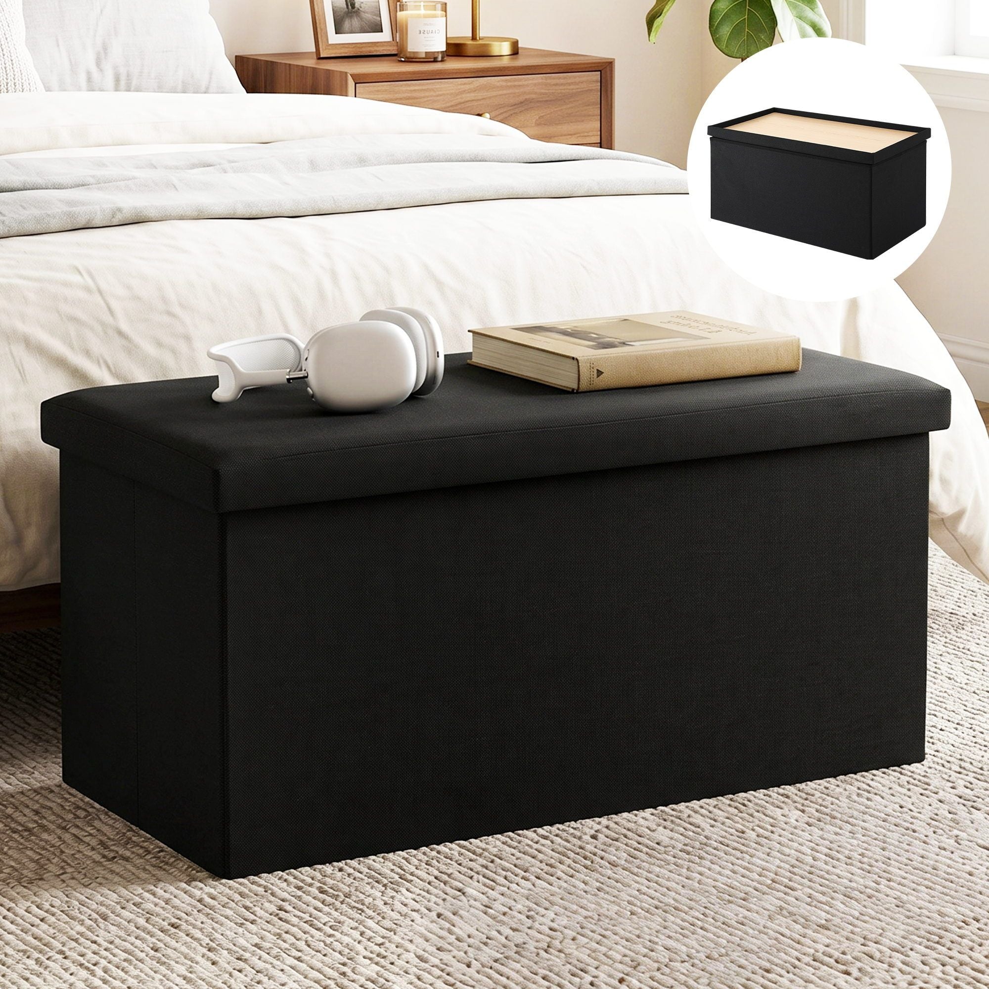Storage Ottoman Bench Folding Blanket Box Toy Organiser Foot Stool Black Main image