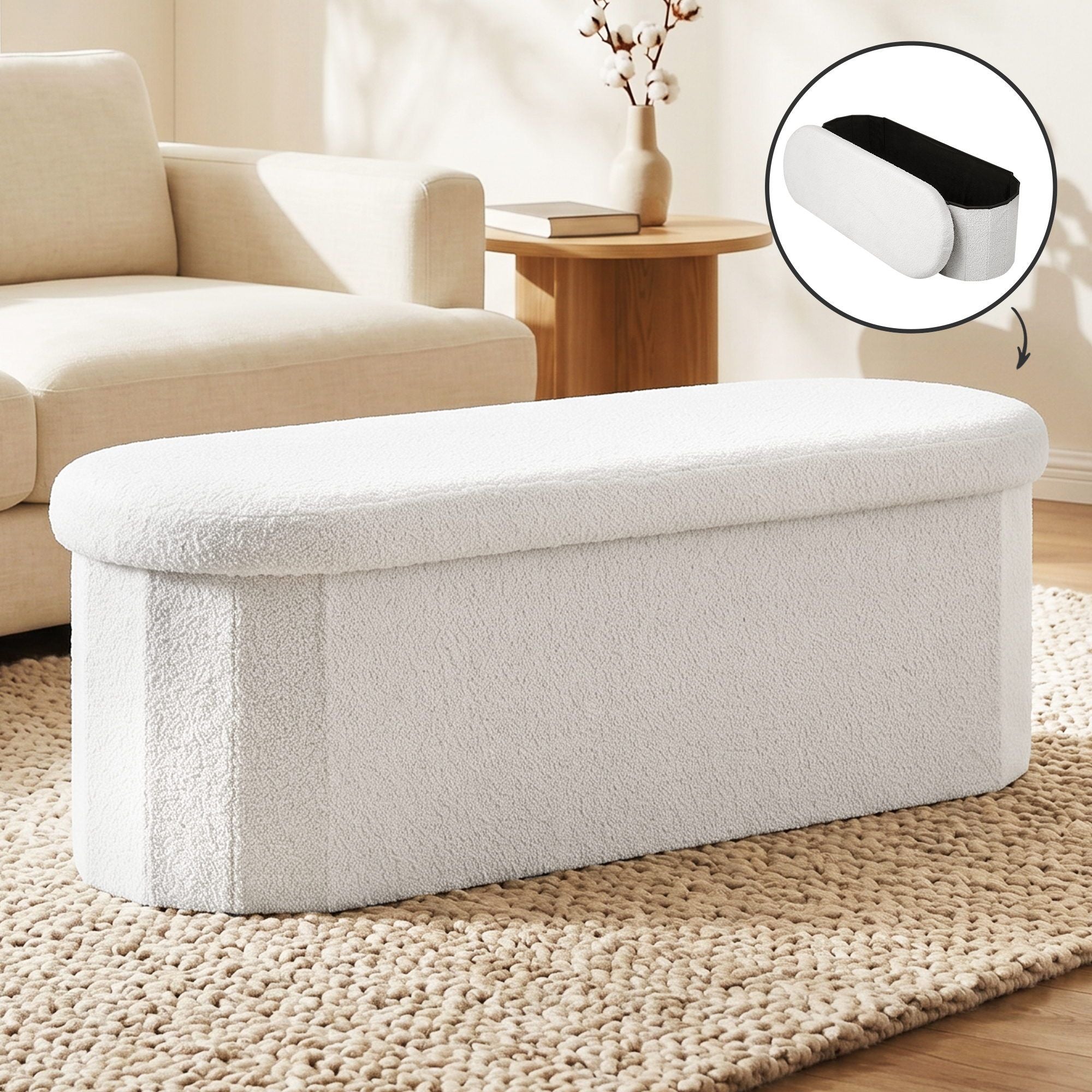 Storage Ottoman Foot Stool Rest Boucle Fabric Foldable White Main image