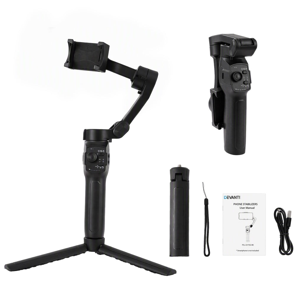 Devanti 3-Axis Gimbal Stabilizer with Tripod for Smartphone, Foldable Selfie Stick