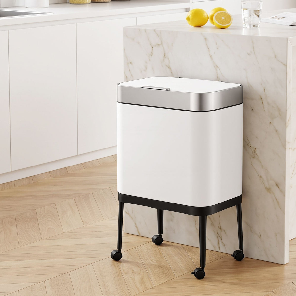 Cefito 40L Press Top Trash Can Kitchen Rubbish Bin Moblie Stainless Steel White Main image