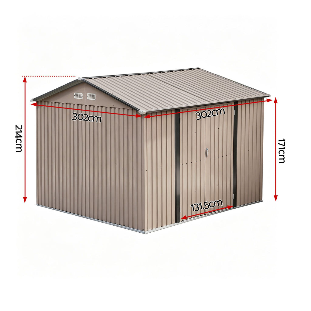 Giantz 3x3m Garden Shed Outdoor Storage Backyard Tool Shed Galvanized Steel Brown