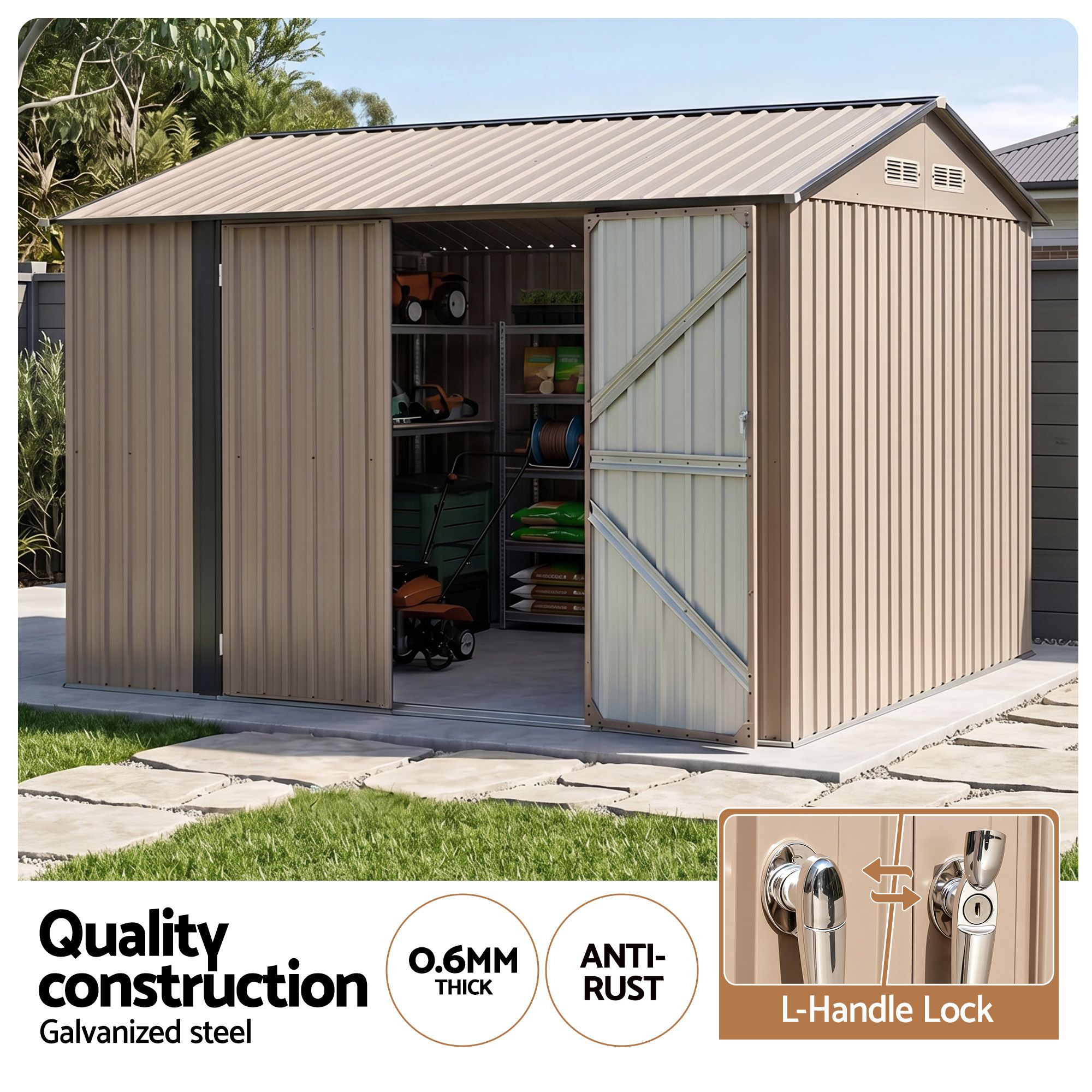 Giantz 3x3m Garden Shed Outdoor Storage Backyard Tool Shed Galvanized Steel Brown
