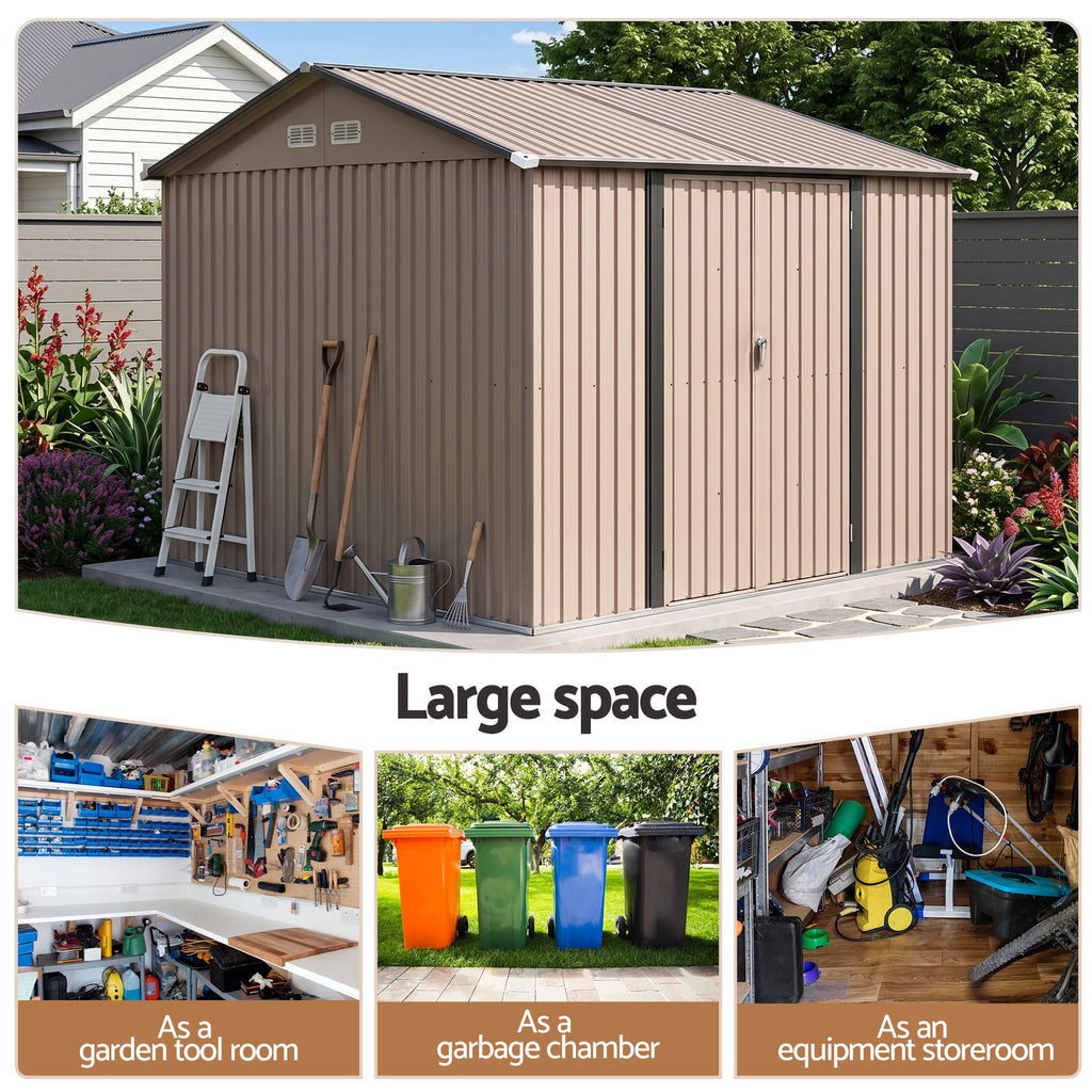 Giantz 3x3m Garden Shed Outdoor Storage Backyard Tool Shed Galvanized Steel Brown
