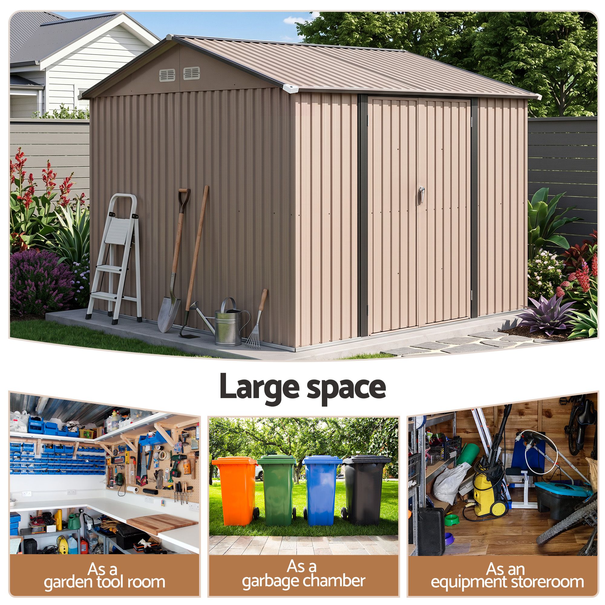 Giantz 3x3m Garden Shed Outdoor Storage Backyard Tool Shed Galvanized Steel Brown