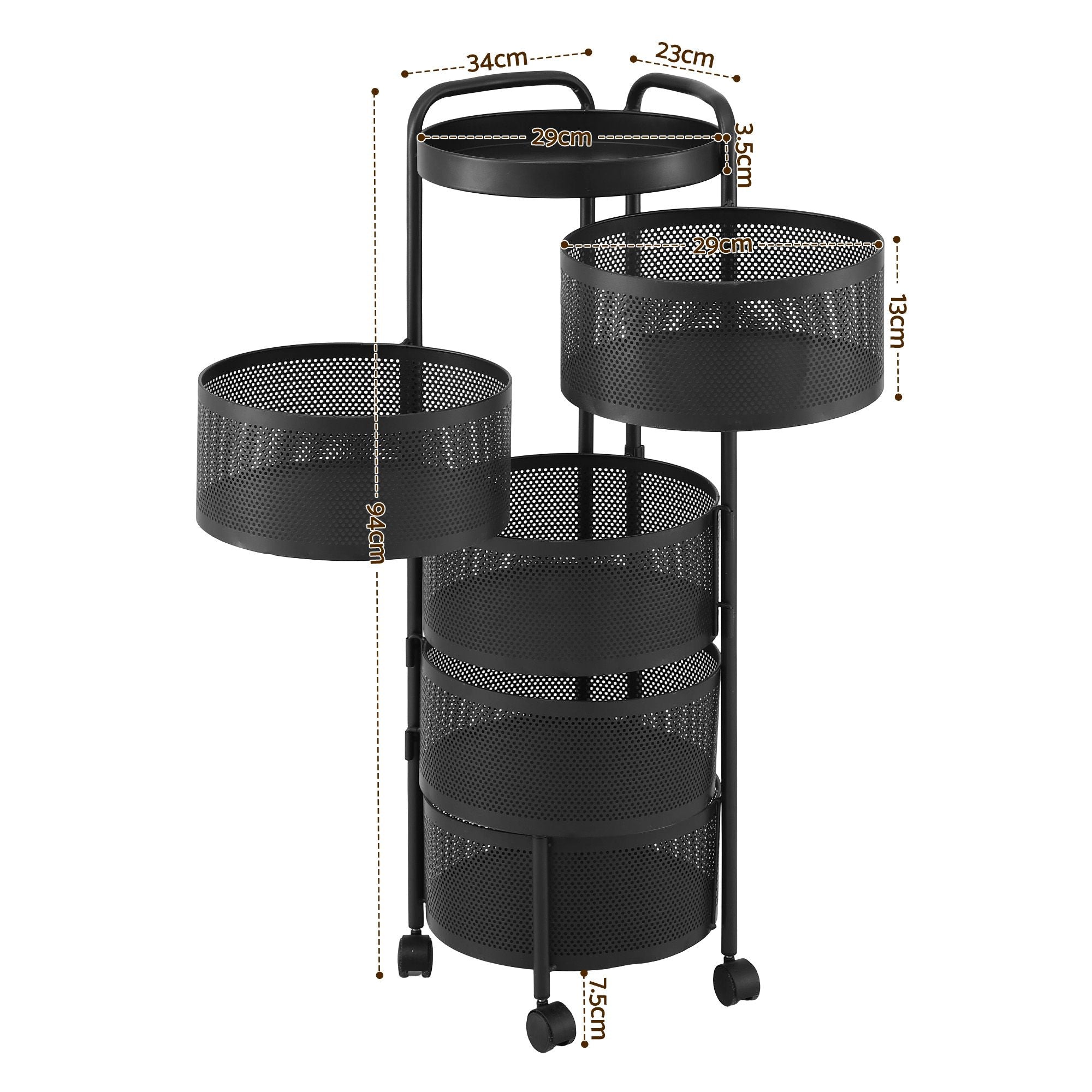 Storage Trolley Kitchen Cart 5 Tiers Storage Rack Round Basket Black Secondary image