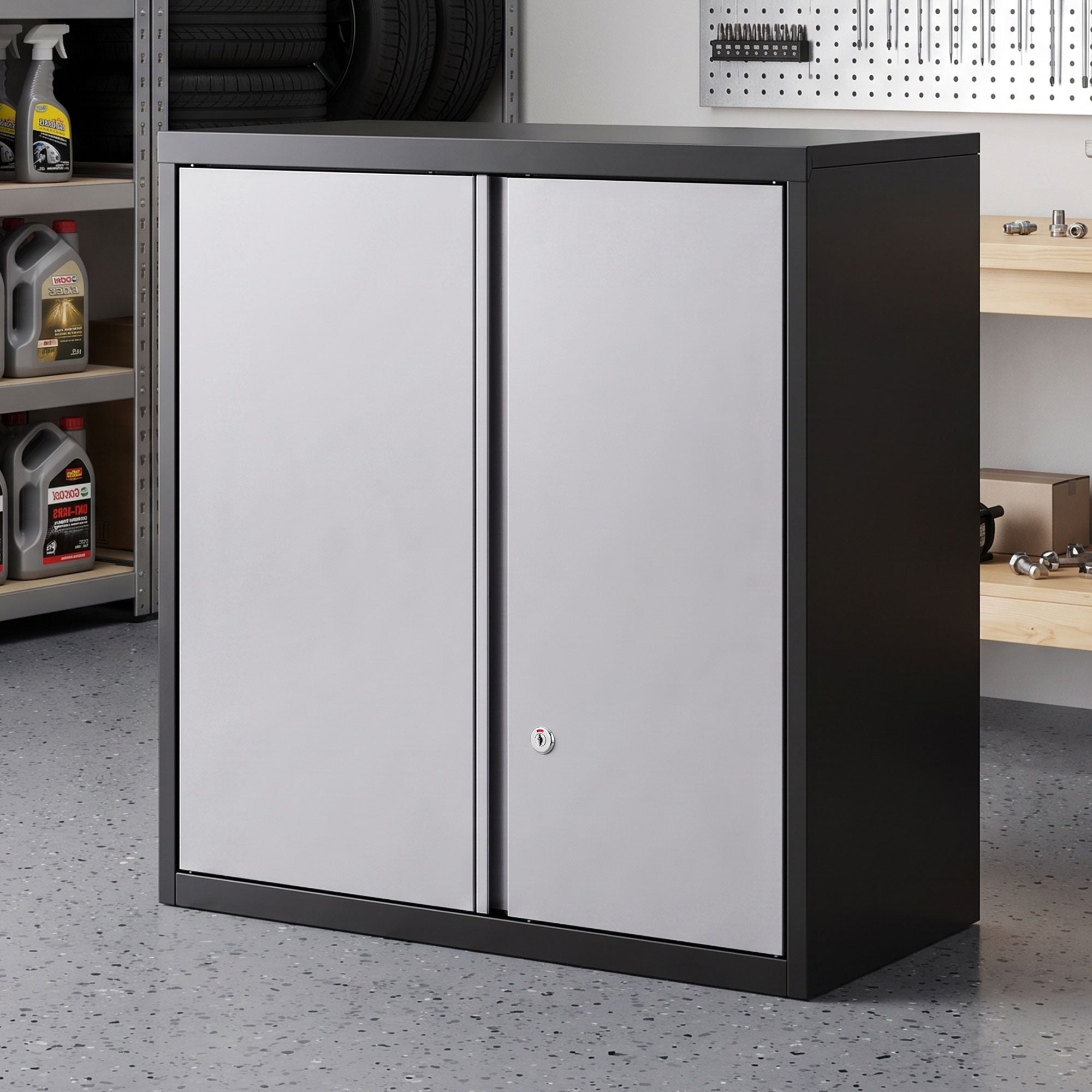Giantz Steel Tool Cabinet Wall Mount Adjustable Shelf Garage Storage Lockable Black Grey Main image