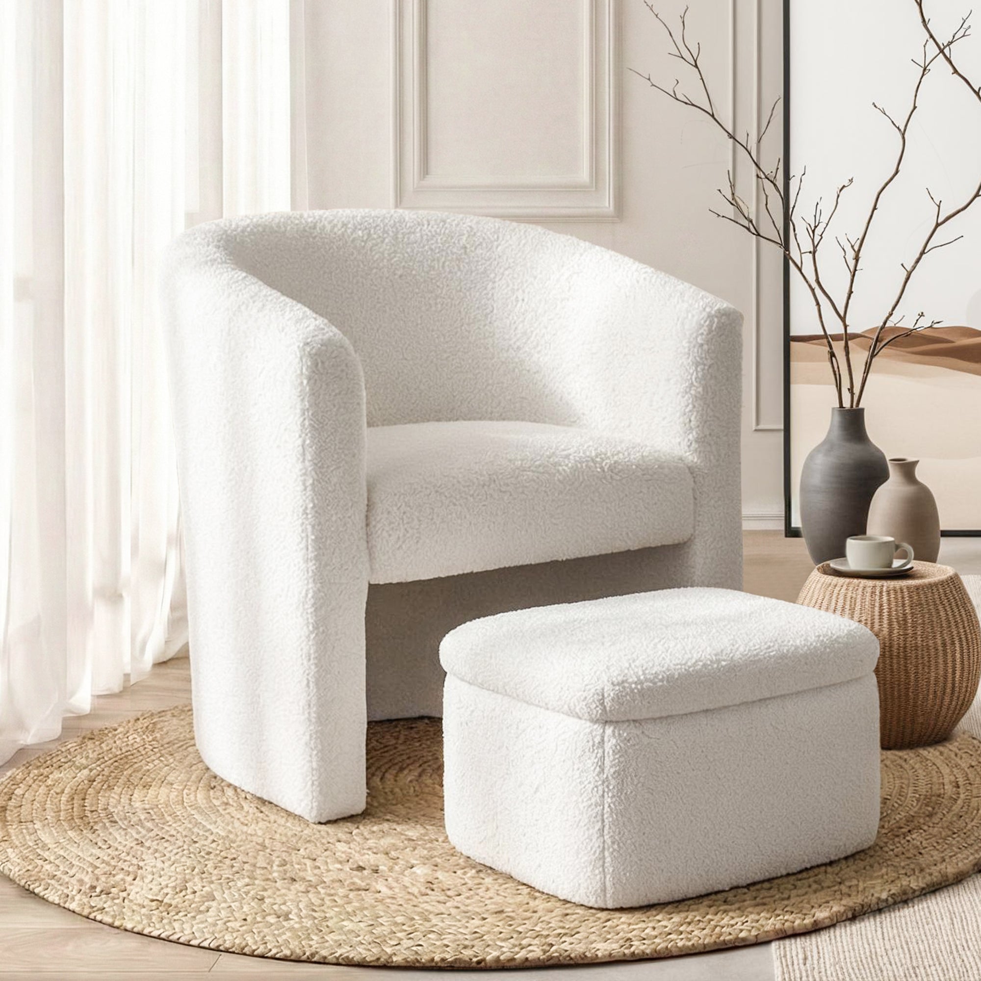Artiss Armchair Accent Chair w/Ottoman Lounge Footrest Storage Boucle White Main image