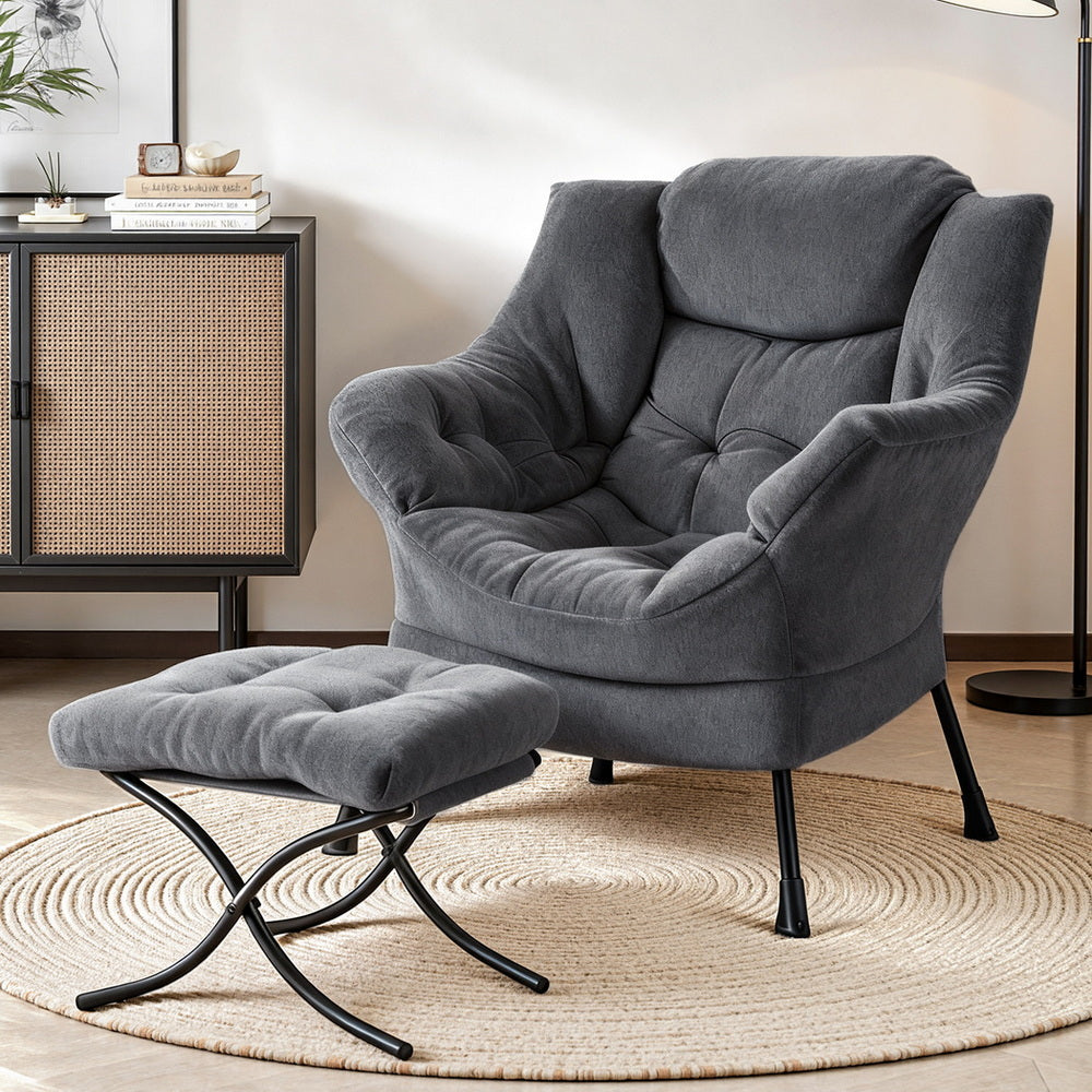 Artiss Armchair Accent Chair Ottoman Lounge Footrest Velvet Grey Main image