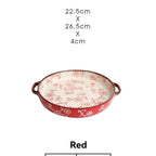 ceramic serving plate, double handled baking dish, pizza pan, cherry blossom pattern, underglaze color, home kitchenware, oven safe dish, baking tray, serving platter, Australian kitchen - Green - Size SET