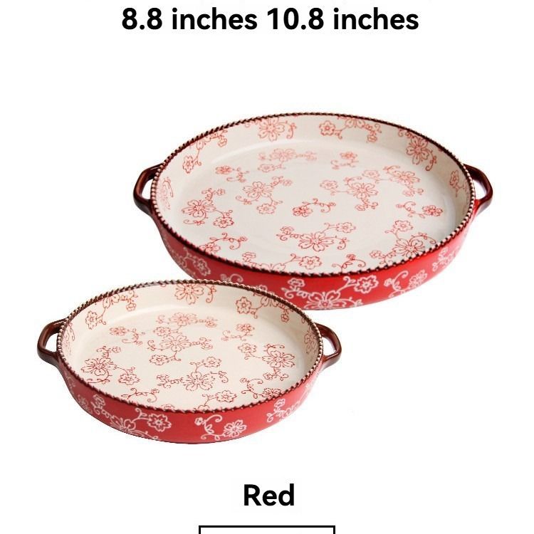 ceramic serving plate, double handled baking dish, pizza pan, cherry blossom pattern, underglaze color, home kitchenware, oven safe dish, baking tray, serving platter, Australian kitchen - Green - Size SET