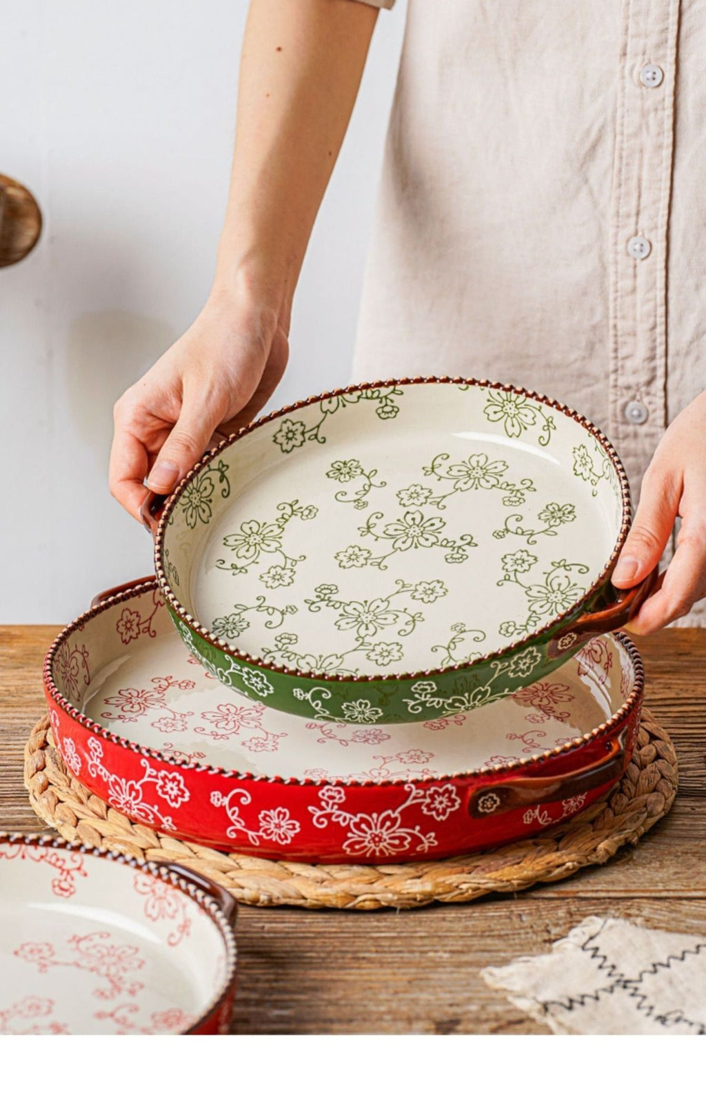 ceramic serving plate, double handled baking dish, pizza pan, cherry blossom pattern, underglaze color, home kitchenware, oven safe dish, baking tray, serving platter, Australian kitchen - Green - Size SET