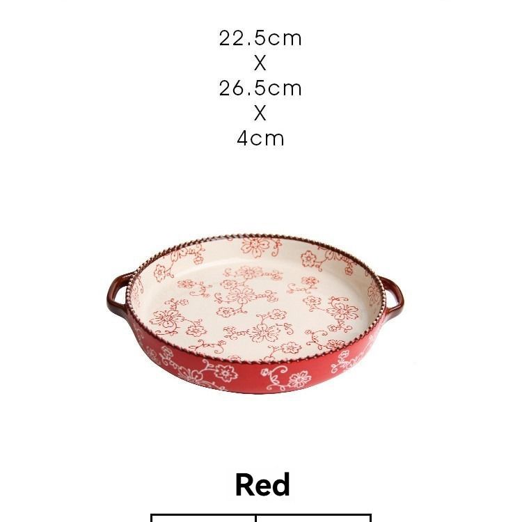 ceramic serving plate, double handled baking dish, pizza pan, cherry blossom pattern, underglaze color, home kitchenware, oven safe dish, baking tray, serving platter, Australian kitchen - Red - Size 10.8inch