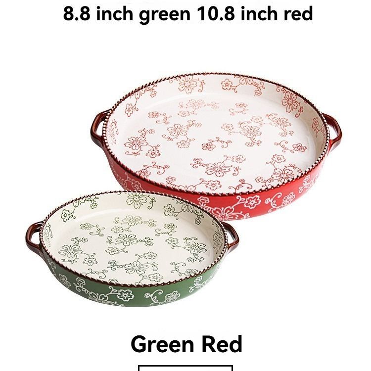 ceramic serving plate, double handled baking dish, pizza pan, cherry blossom pattern, underglaze color, home kitchenware, oven safe dish, baking tray, serving platter, Australian kitchen - Red - Size 8.8inch