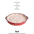ceramic serving plate, double handled baking dish, pizza pan, cherry blossom pattern, underglaze color, home kitchenware, oven safe dish, baking tray, serving platter, Australian kitchen - Red - Size SET