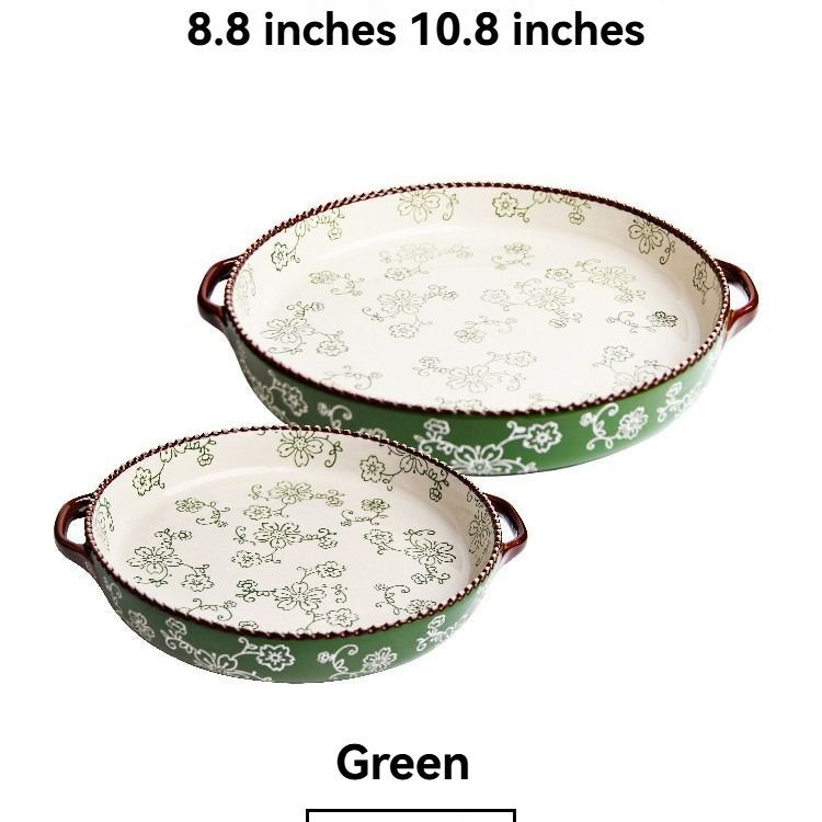 ceramic serving plate, double handled baking dish, pizza pan, cherry blossom pattern, underglaze color, home kitchenware, oven safe dish, baking tray, serving platter, Australian kitchen - Red - Size SET
