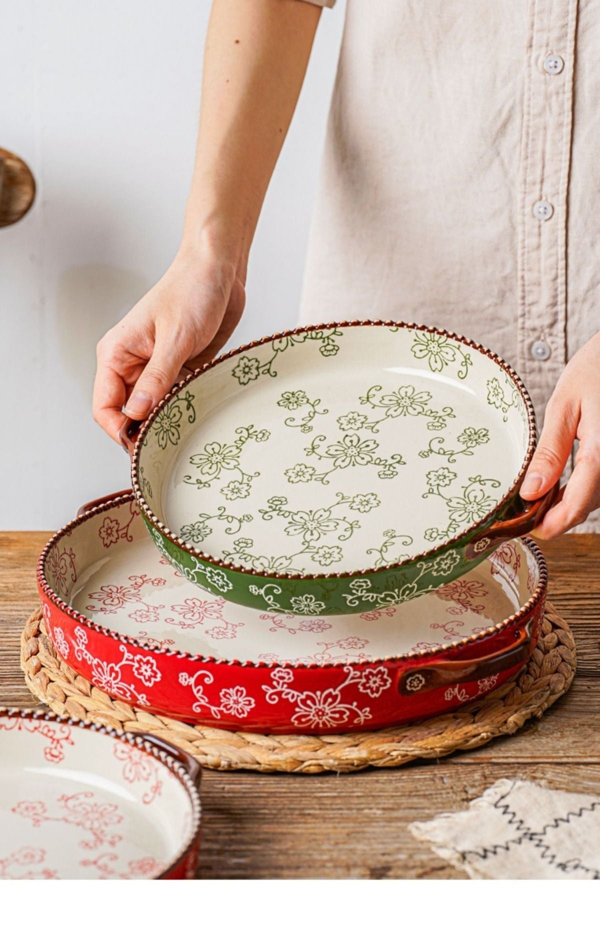 ceramic serving plate, double handled baking dish, pizza pan, cherry blossom pattern, underglaze color, home kitchenware, oven safe dish, baking tray, serving platter, Australian kitchen - Red - Size SET