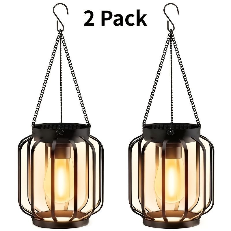 solar outdoor hanging lanterns, metal lanterns for garden, outdoor lighting decor, warm light lanterns, solar-powered lanterns, Australian outdoor lighting, patio solar lights, garden lanterns, eco-friendly outdoor lights - Black - Size 2PCS Main image