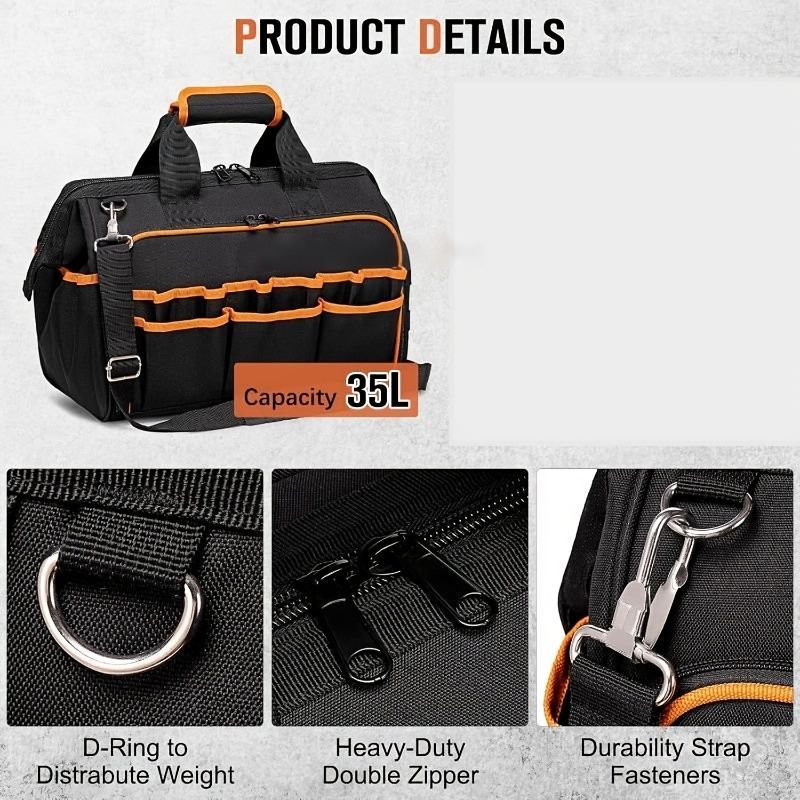 Tool Bag Heavy-Duty Tool Storage Multiple Compartments Durable Tool Bag - Black - Size regular