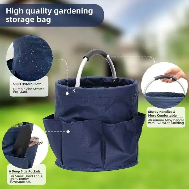 Premium Black Gardening Storage Bag made of durable 600D Oxford cloth, features 6 deep side pockets for small hand tools, spray bottles, beverages, and more. Equipped with an aluminum alloy handle wrapped in EVA molding for enhanced comfort and longevity.