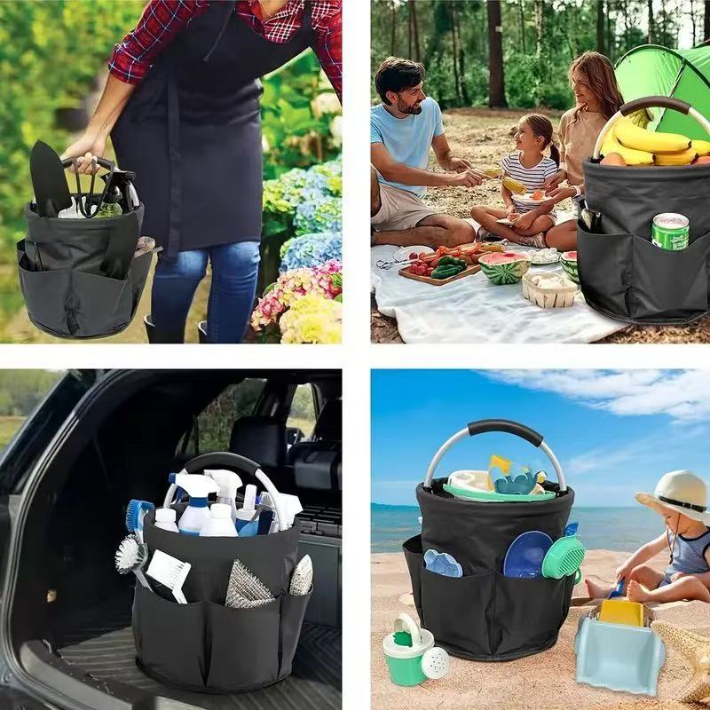 Premium Black Gardening Storage Bag made of durable 600D Oxford cloth, features 6 deep side pockets for small hand tools, spray bottles, beverages, and more. Equipped with an aluminum alloy handle wrapped in EVA molding for enhanced comfort and longevity.