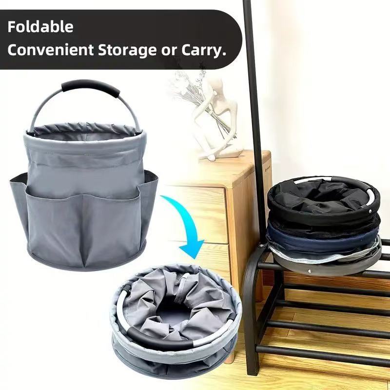 Premium Army green Gardening Storage Bag made of durable 600D Oxford cloth, features 6 deep side pockets for small hand tools, spray bottles, beverages, and more. Equipped with an aluminum alloy handle wrapped in EVA molding for enhanced comfort and longe