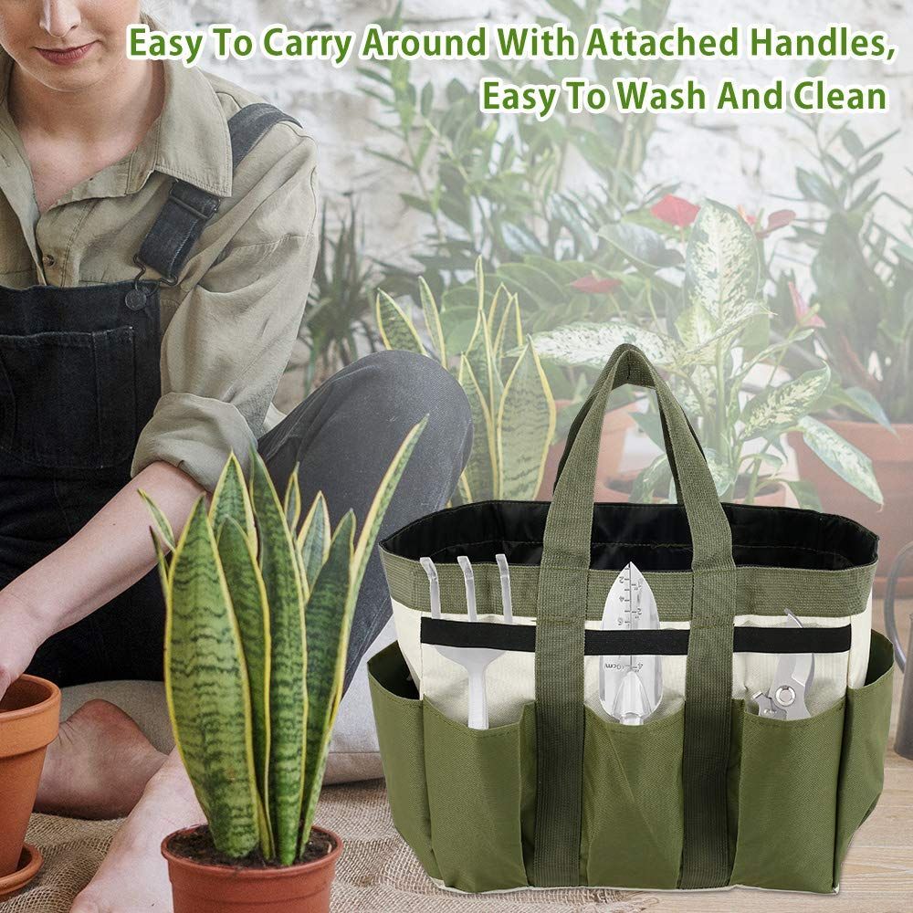 Garden Tool Bag Organizer, Tote Storage Bag with 8 Pocket, Heavy Duty Oxford Garden Tote Caddy, Gardening Tool Kit Holder for Indoor and Outdoor, Gifts for Men Women