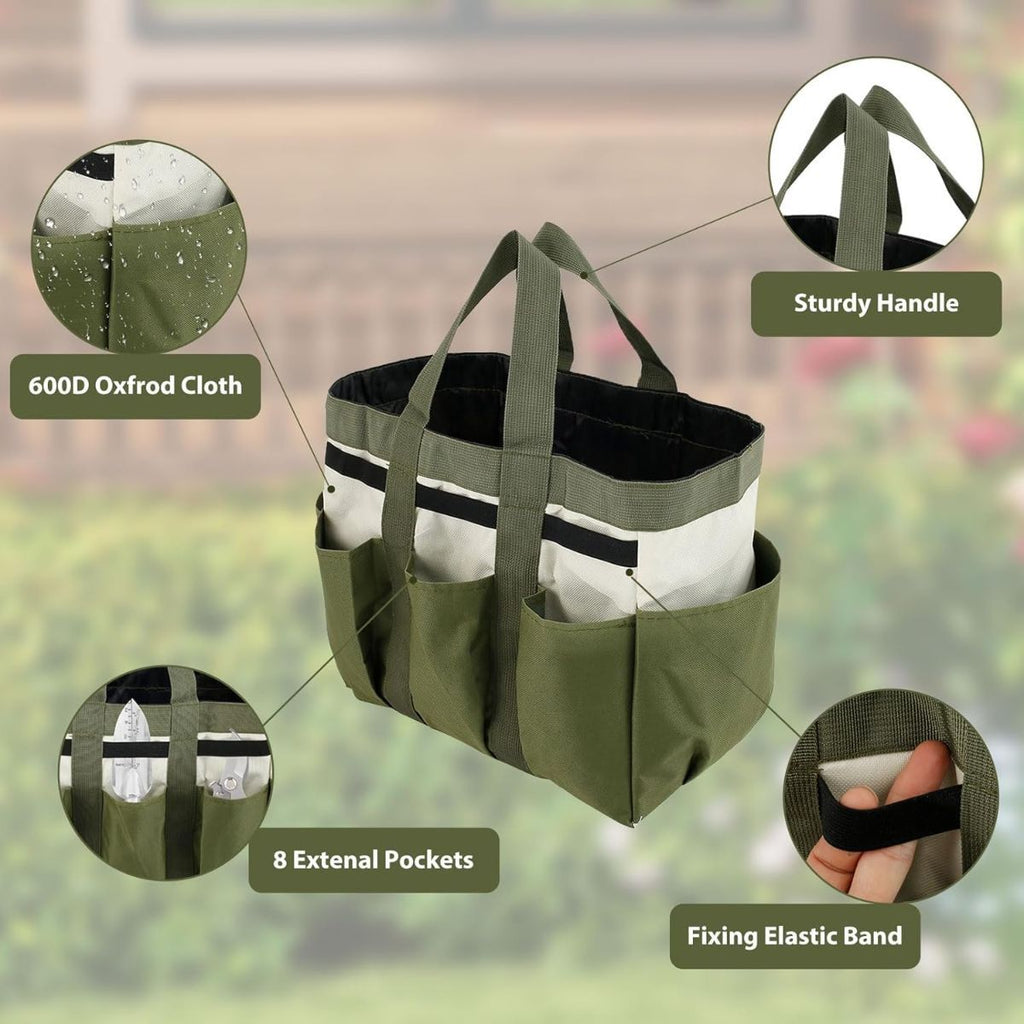 Garden Tool Bag Organizer, Tote Storage Bag with 8 Pocket, Heavy Duty Oxford Garden Tote Caddy, Gardening Tool Kit Holder for Indoor and Outdoor, Gifts for Men Women