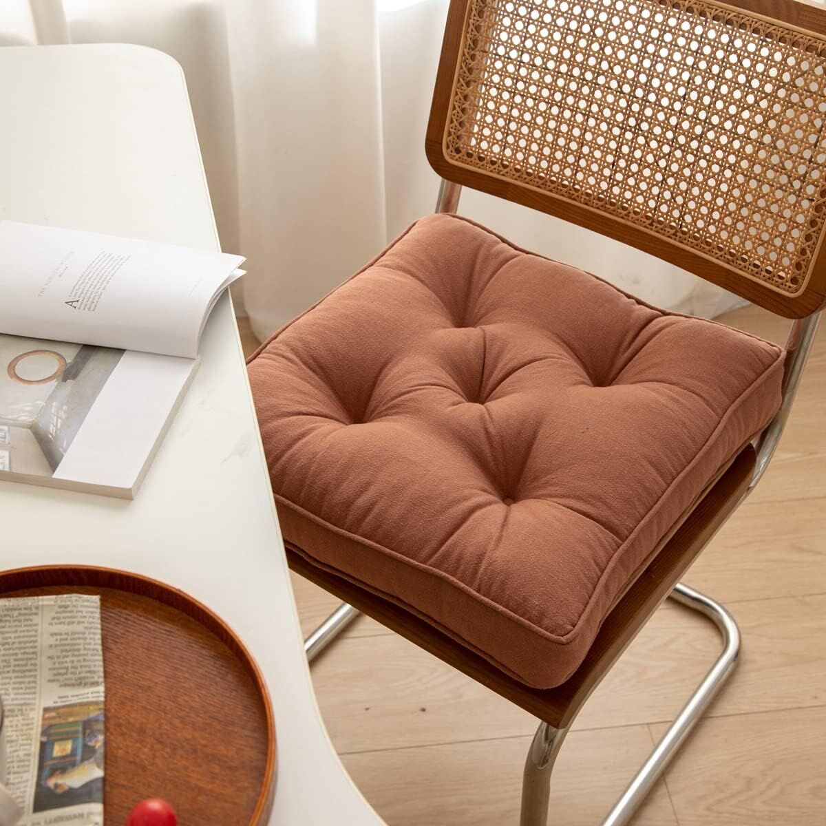 43×43×6cm Linen Cotton Thick Seat Cushion: Plush, Solid-Colour, for Office & Home Chairs, Aussie Comfort Essential（Amber Brown） Main image